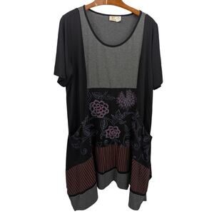 La Blend Tunic Dress 3X Plus Size Mixed Media Floral Stripe Pockets Lagenlook